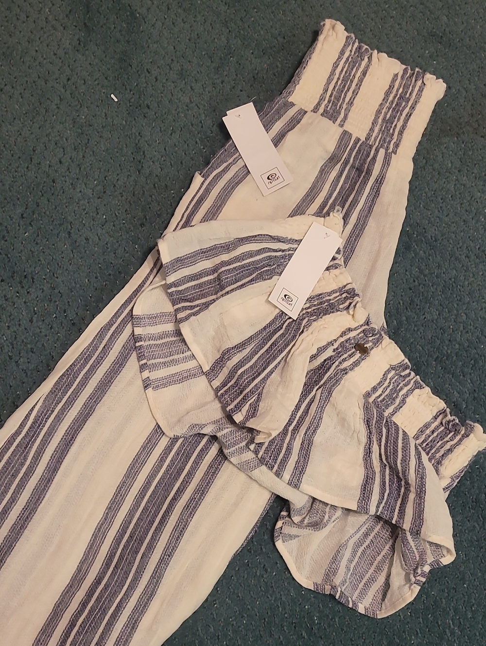 Rip Curl Navy & White Striped Off-Shoulder Top & Wide Leg Pants Set